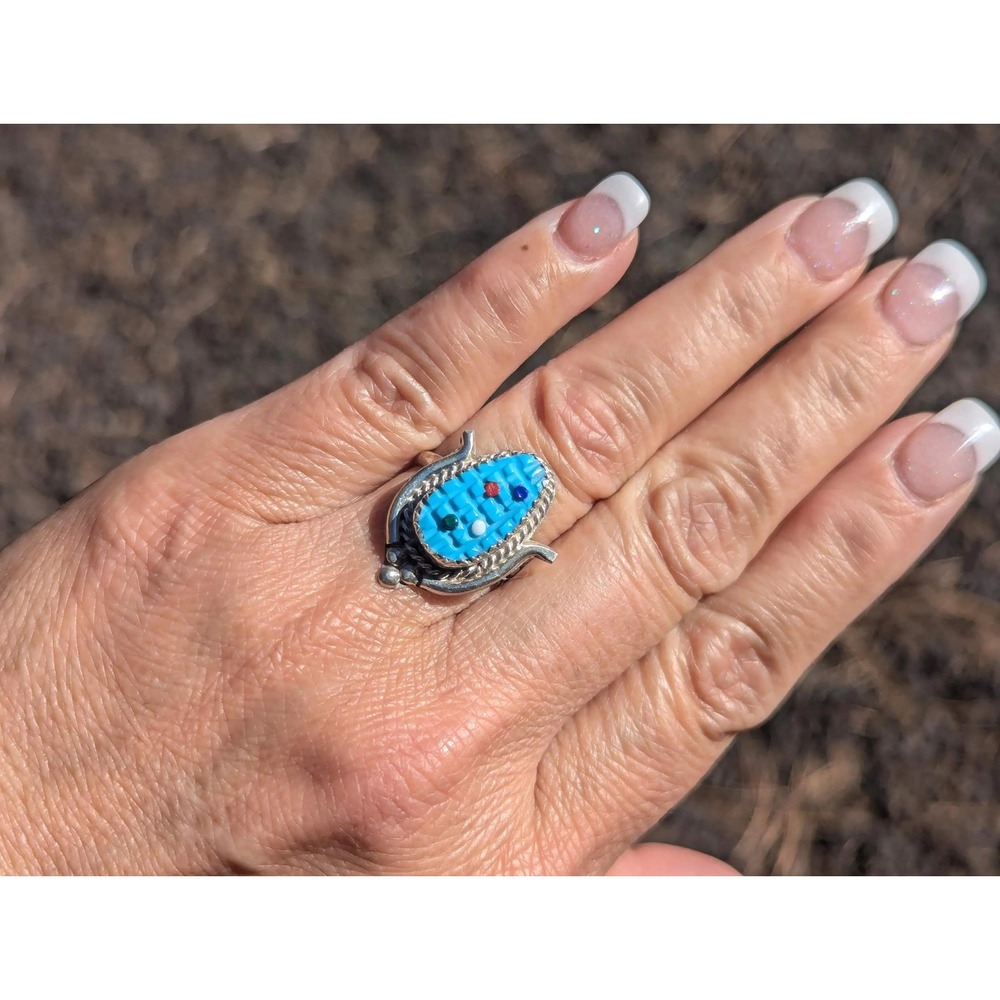 Zuni Corn Ring, Turquoise Sterling Silver Native Am Handmade Jewelry  sz 6.25US*